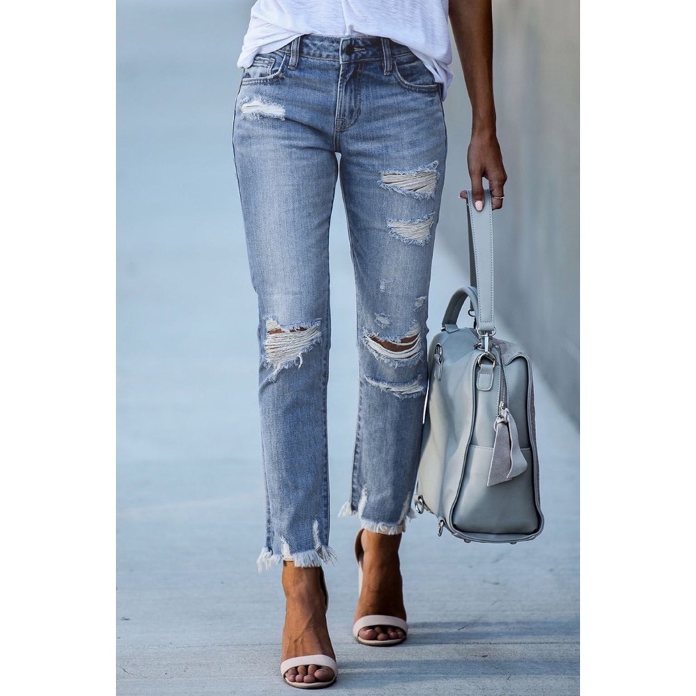 Light Blue Distressed Boyfriend Denim Pants